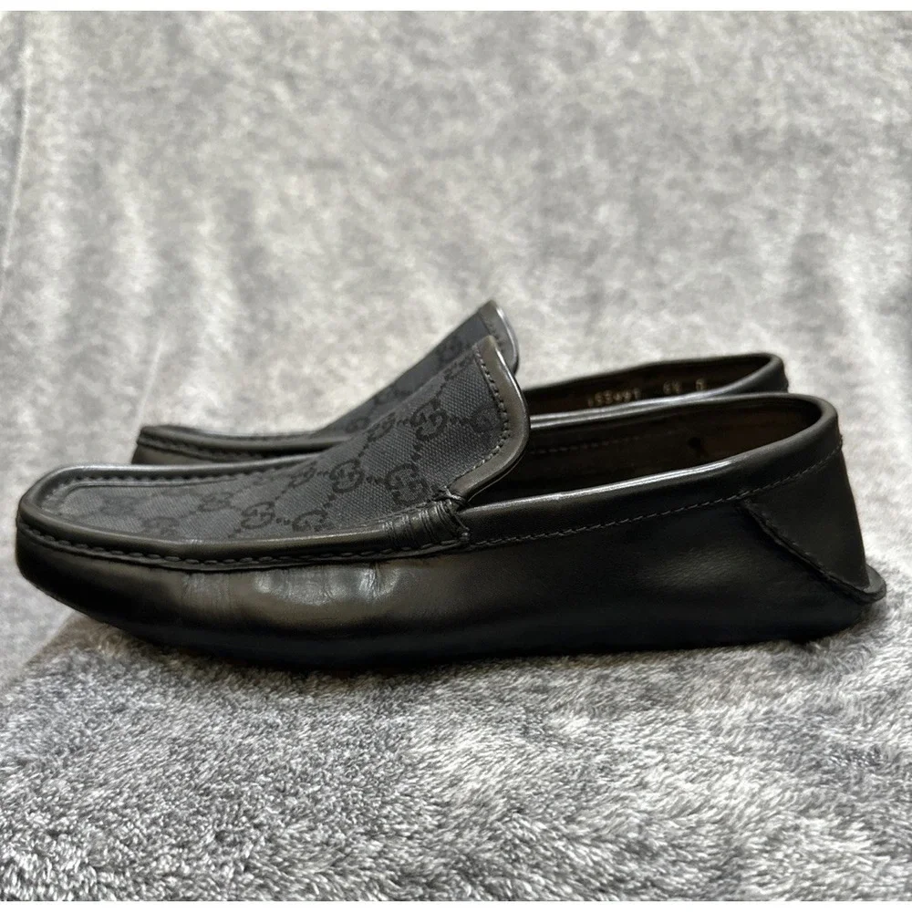Gucci Mens Black GG Canvas Leather Loafers Drivers Shoes Size 6.5‎ D Made Italy